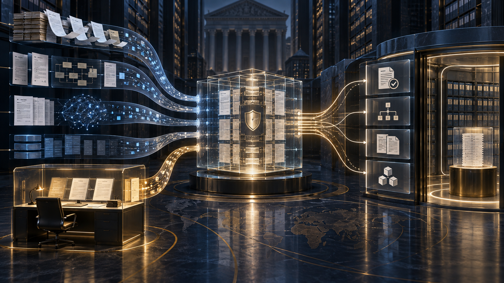 Legal documents and AI workflow streams pass through a controlled evidence ledger before human approval and platform integration.