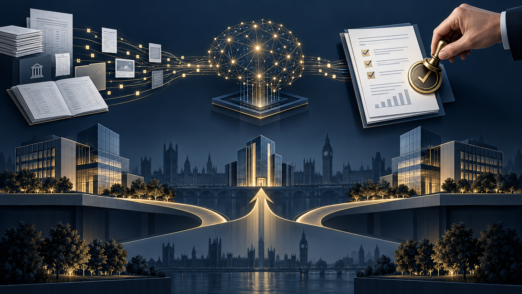 Accounting records and AI workflow streams pass through a controlled evidence chain before professional approval and platform integration.