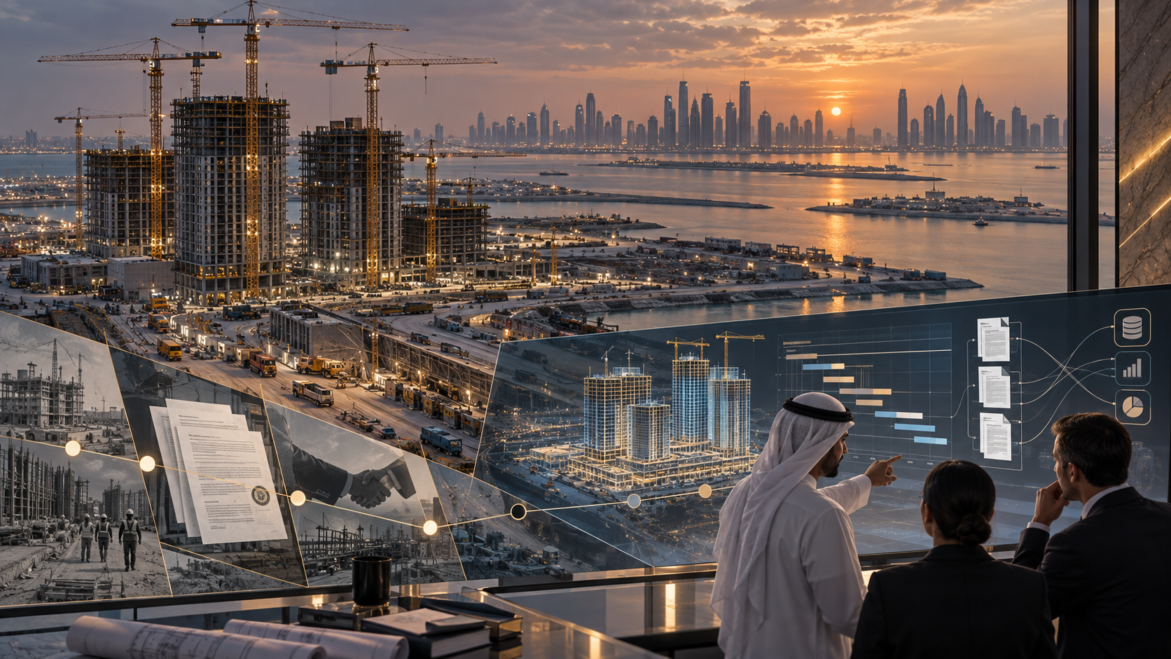 A construction site, digital model and connected project-data streams represent the evidence chain across progress, claims and cost.