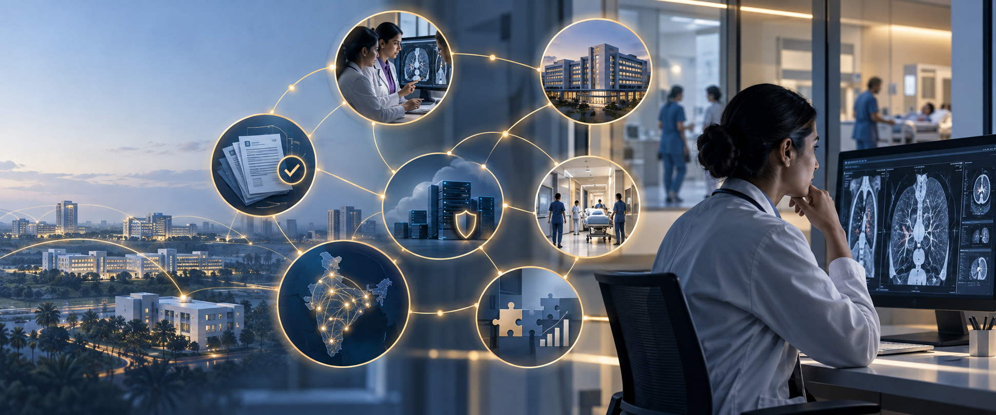 A clinician reviews a connected medical image and evidence pathway representing validation, workflow adoption and distribution in India healthcare AI.