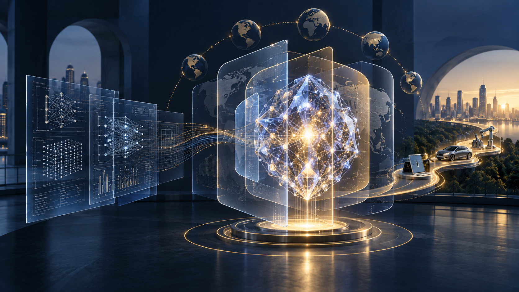 بنية مجردة مصقولة لمطالبات براءات الاختراع تربط بين الاختراع AI والحقوق القضائية وتنفيذ المنتج والقيمة التجارية.