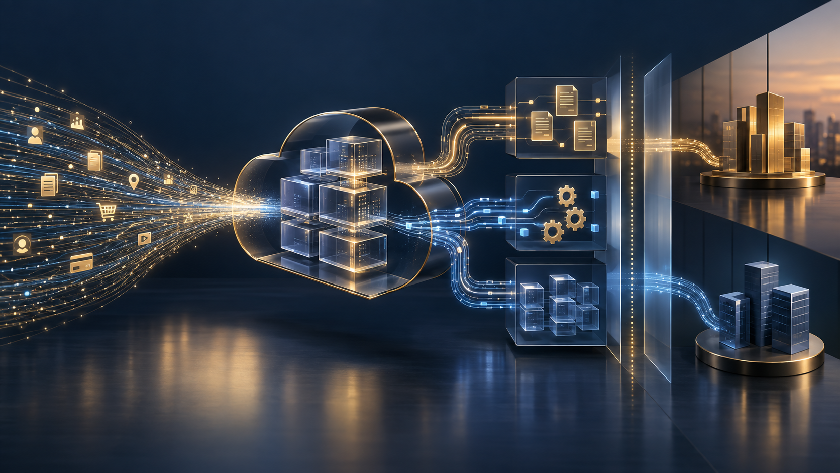 A refined abstract SaaS data architecture connecting customer records, contractual rights, product systems and transaction value.