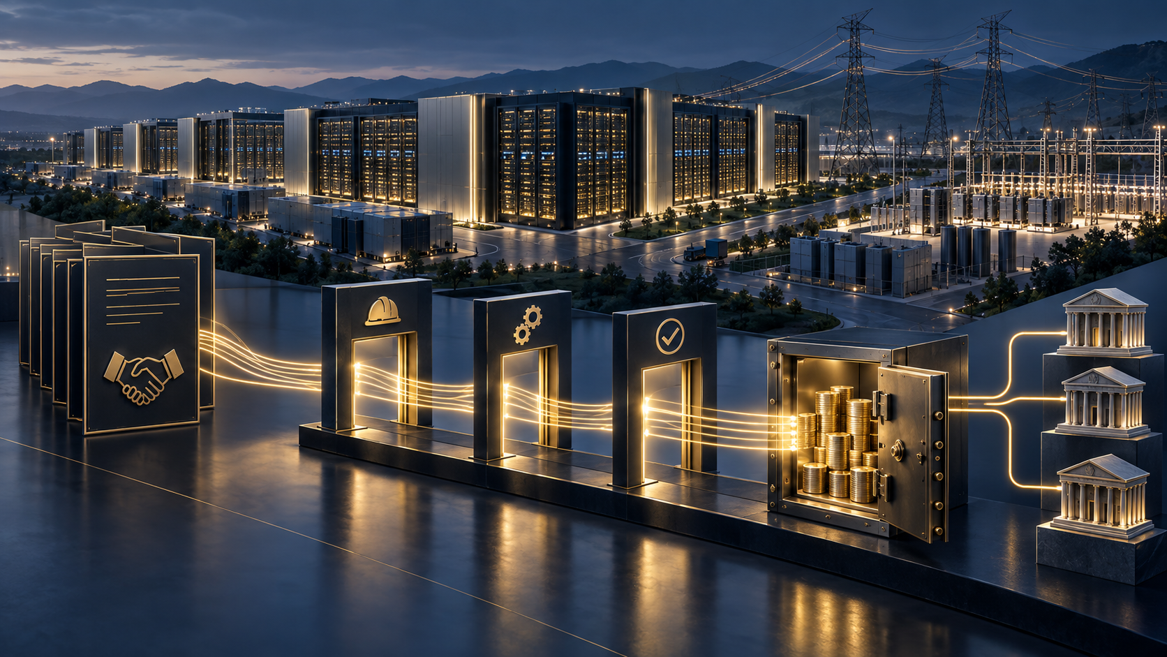 A refined AI compute facility connecting contracted capacity, power, customer commitments, controlled cash and project debt.