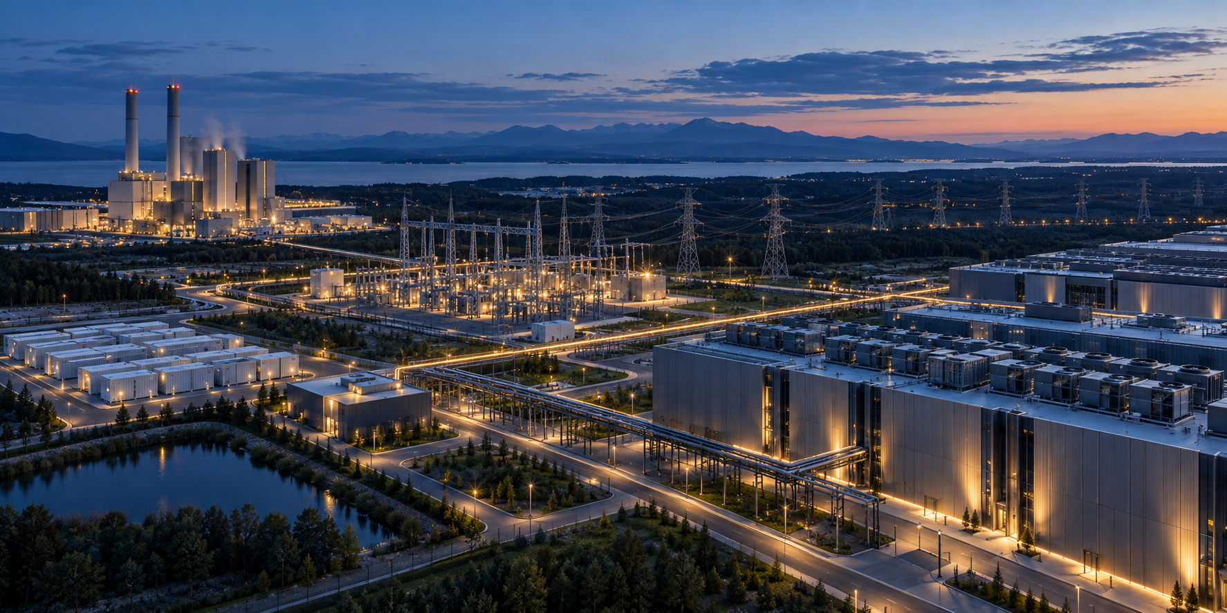 An AI campus connecting dedicated power generation, the electricity grid, data-centre infrastructure and high-density compute.