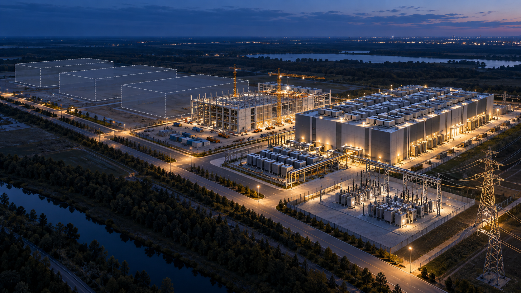 Ein modularer Rechenzentrumscampus mit einem Betriebsgebäude, einem im Bau befindlichen Modul und zukünftigen Erweiterungsgrundstücken.
