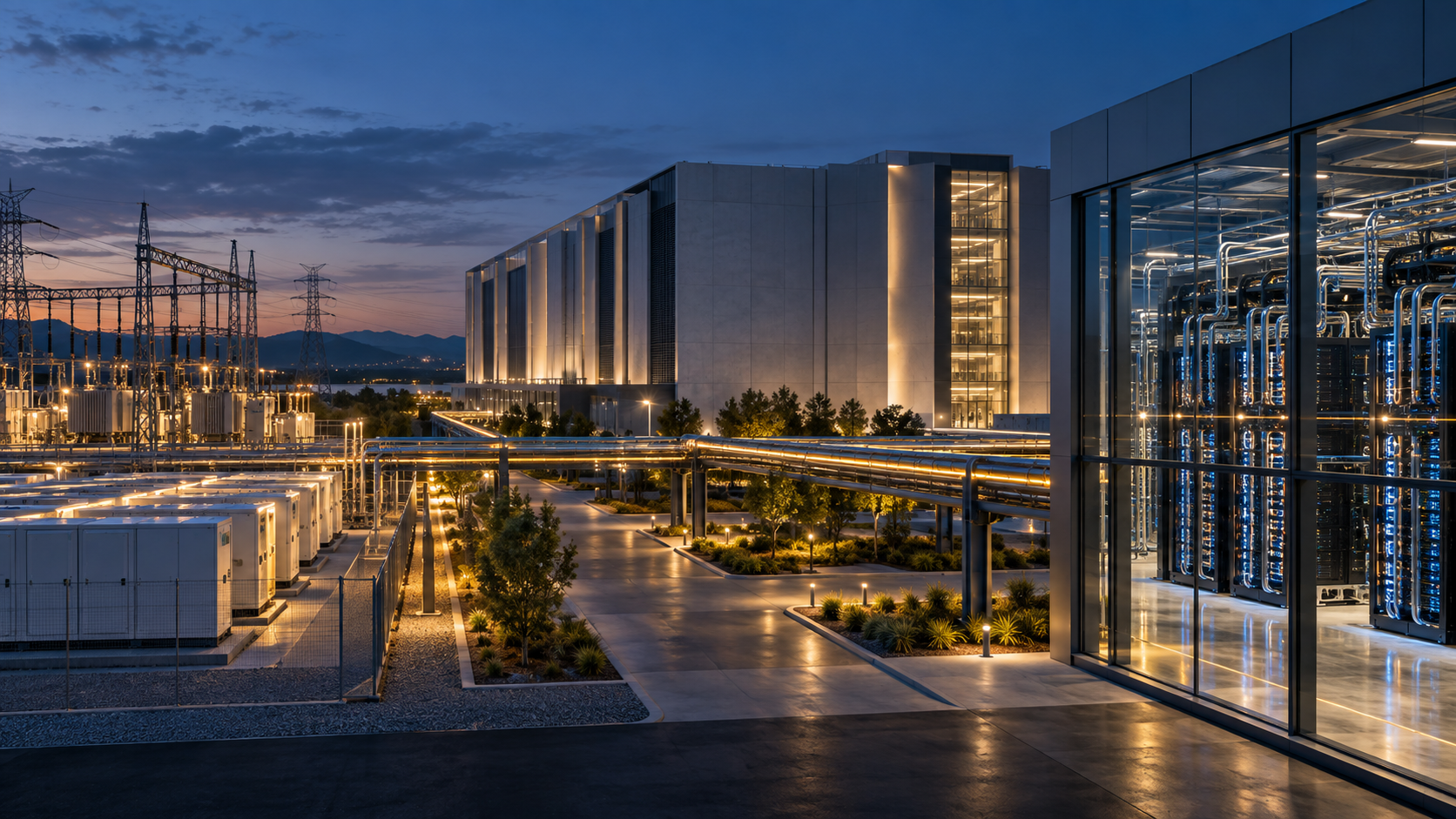 An AI data-centre campus linking power infrastructure, facility systems and high-density computing through distinct financing layers.