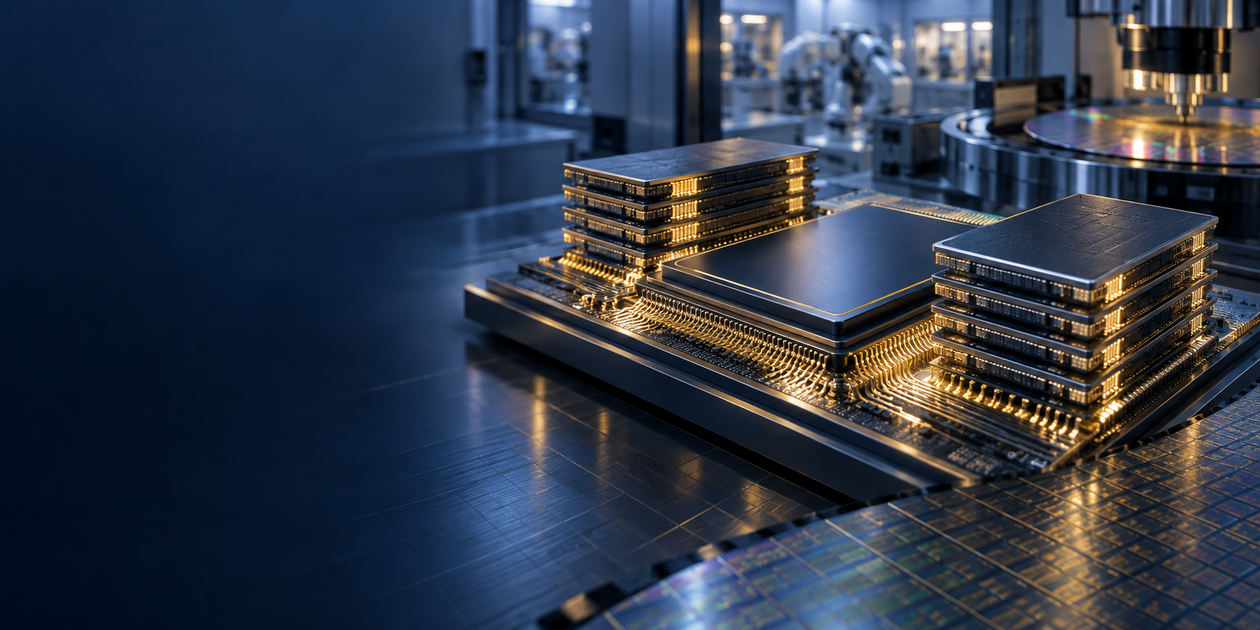 High-bandwidth memory stacks beside an AI accelerator on an advanced semiconductor package.