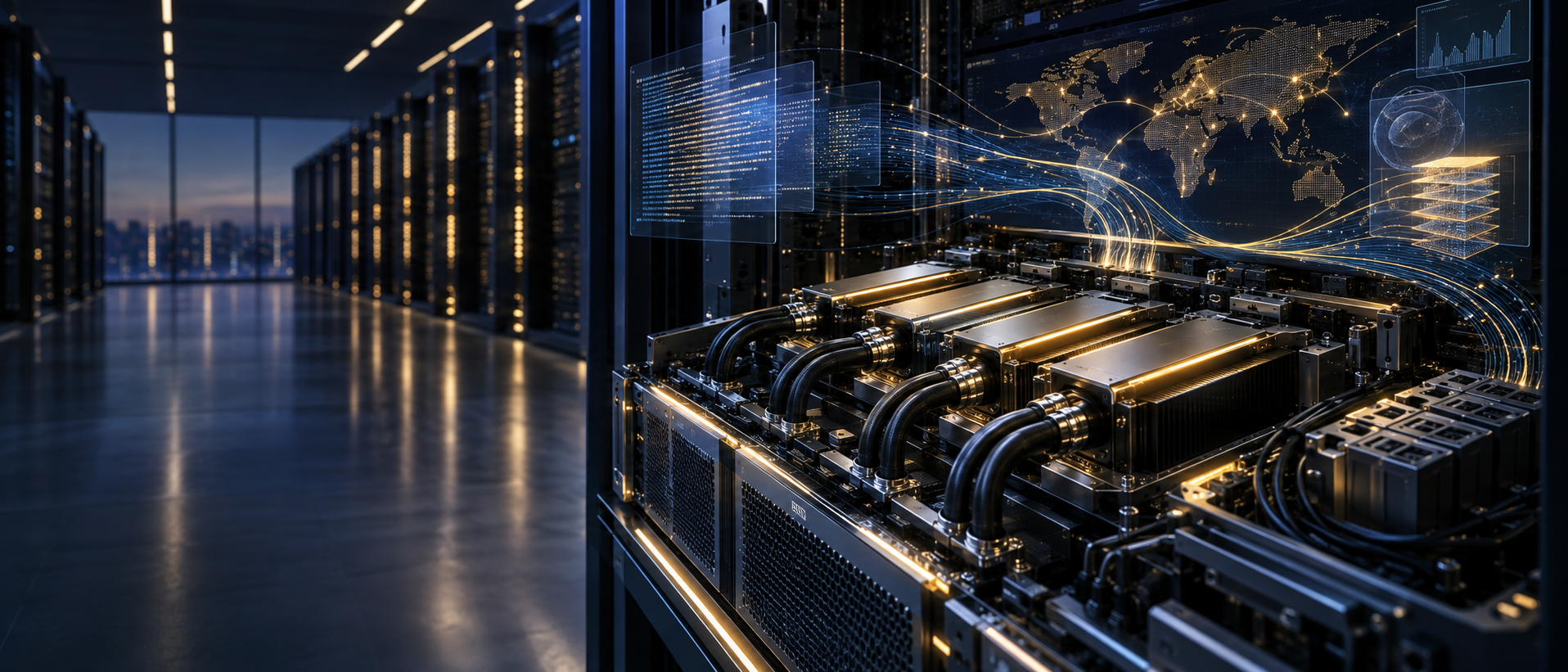 Sistema acelerador AI com camadas de software, racks de data center e infraestrutura de energia.