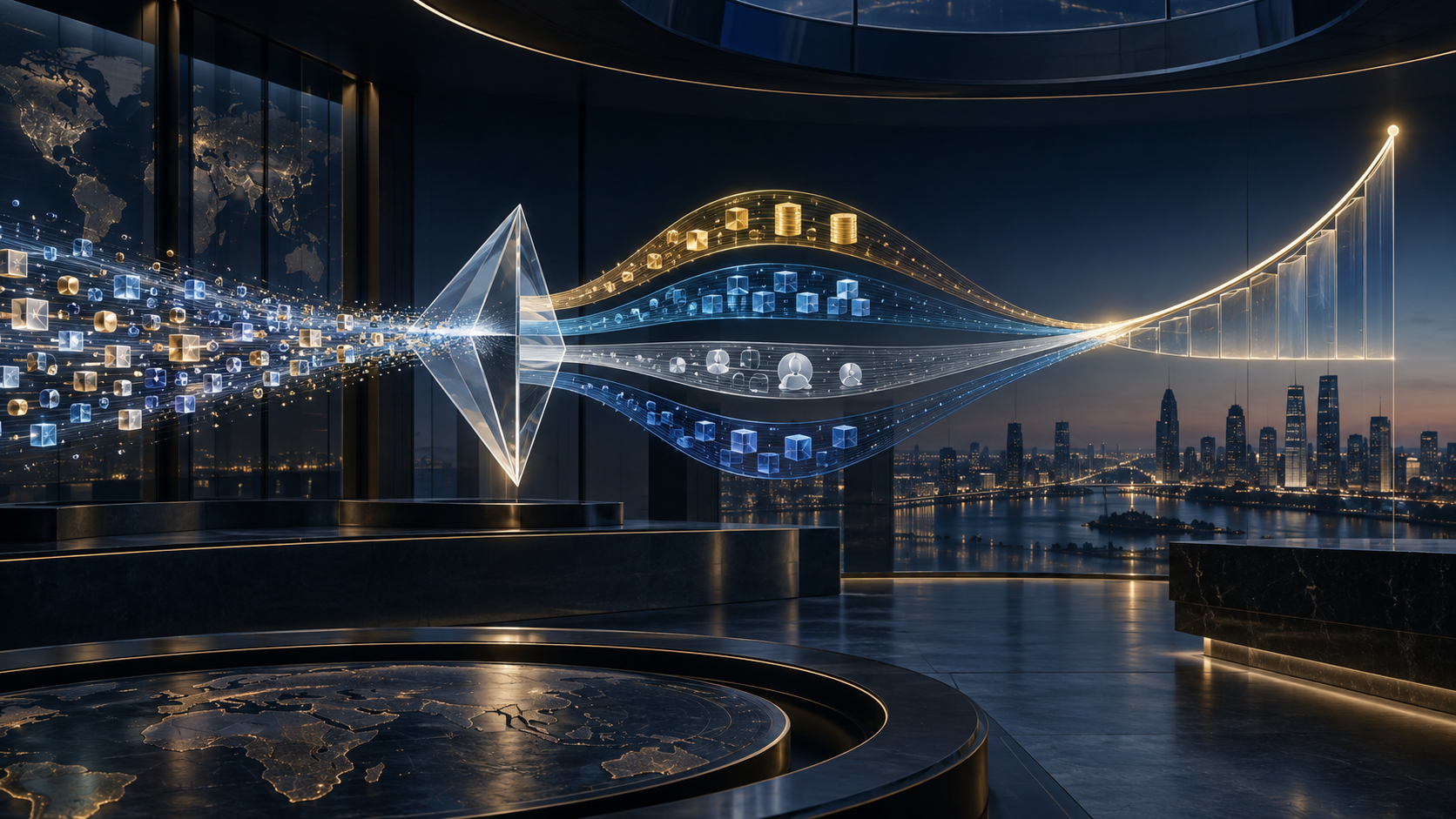 AI workload streams routed through a precision prism into provider cost, usage, customer pricing and retained valuation paths.
