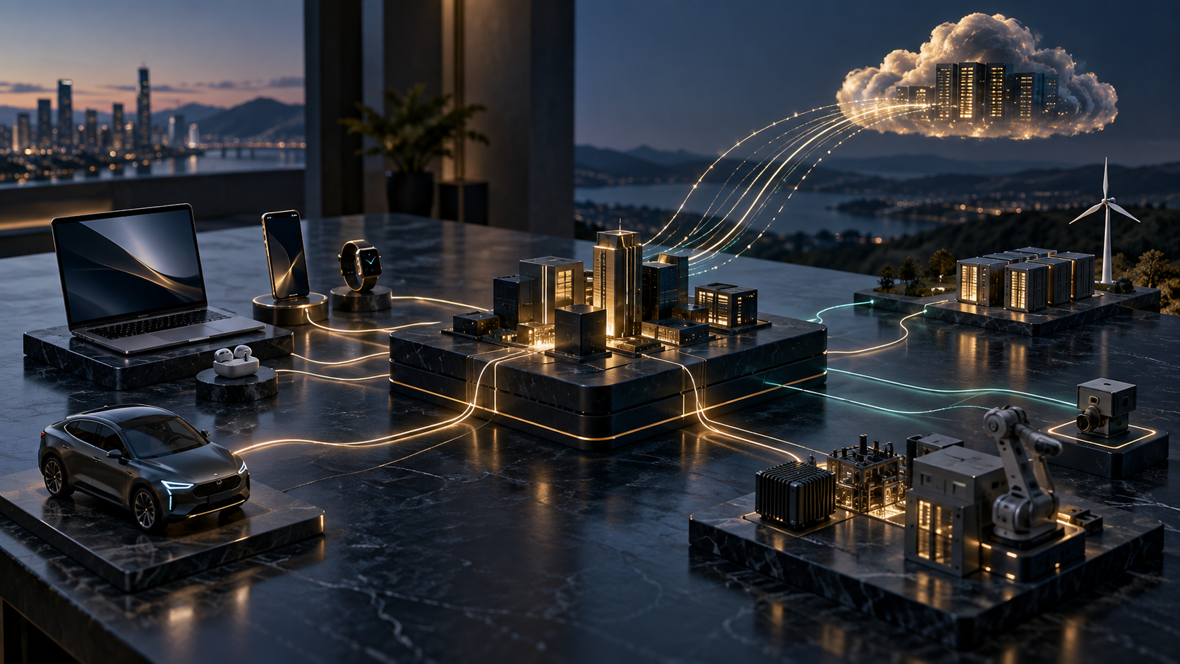 A premium edge-intelligence network spanning devices, private infrastructure and cloud routes around a transaction-value core.