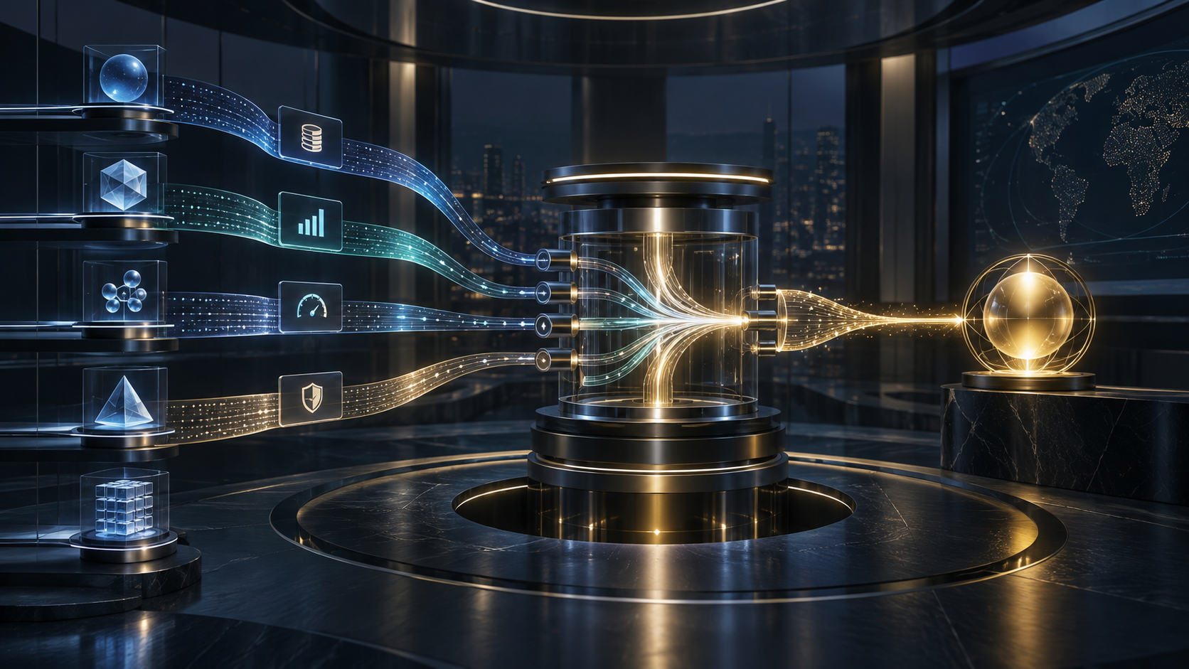 A premium AI routing control room allocating workloads across models, cost lanes and quality gates around a transaction-value core.