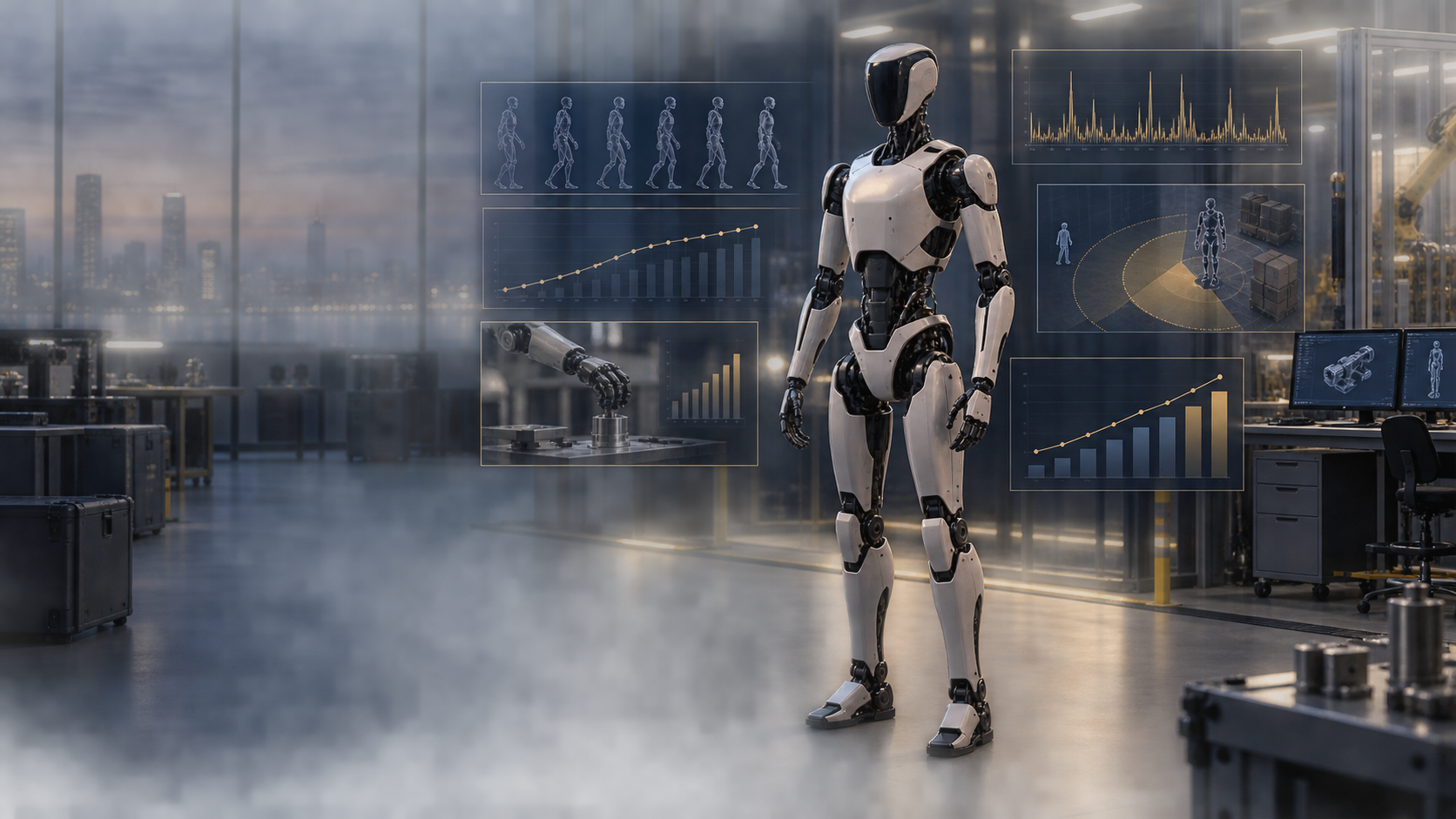 A premium humanoid robotics diligence environment showing fleet cohorts, intervention signals, manufacturing learning and task productivity around a transaction-value core.