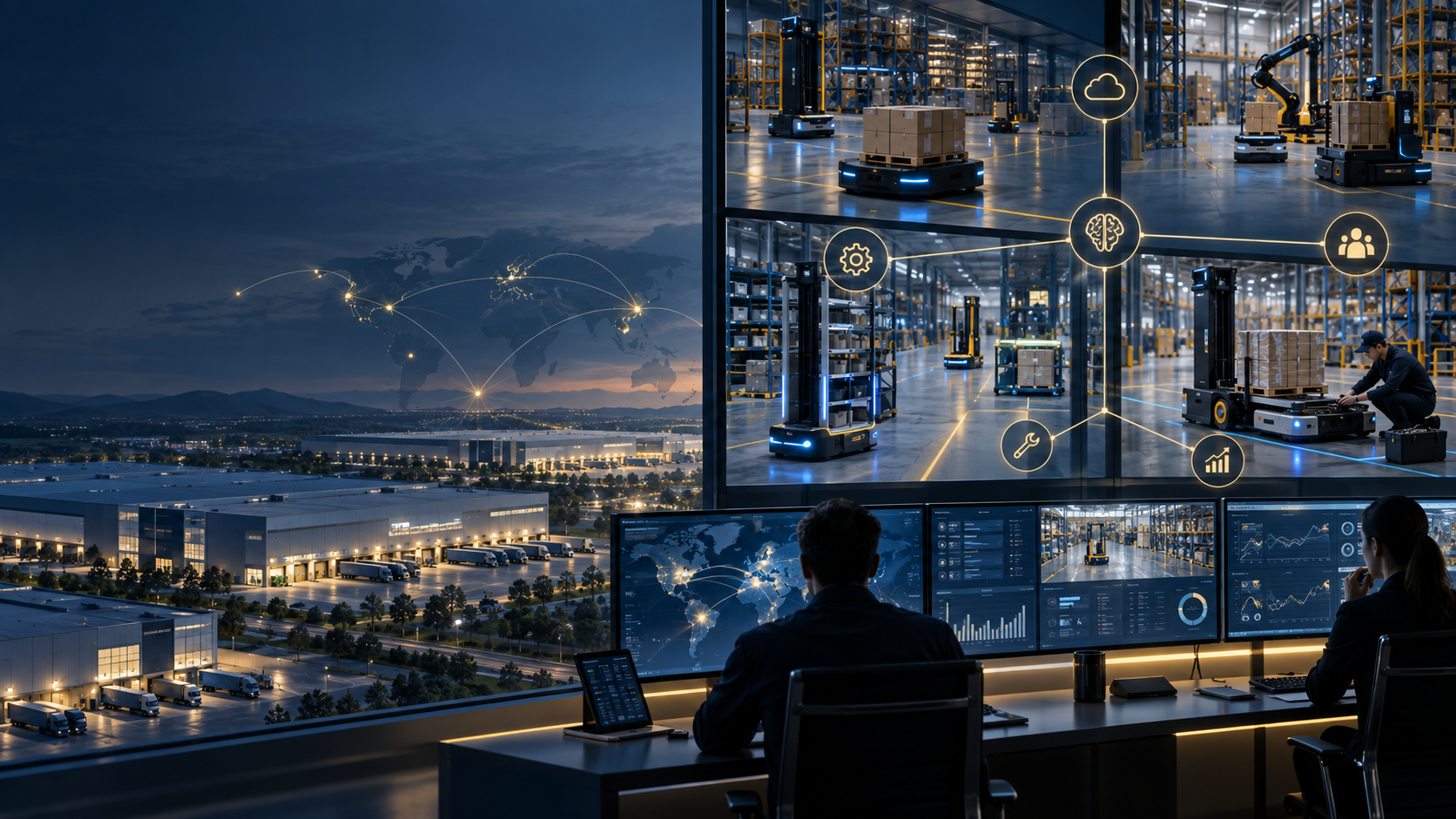A premium multi-warehouse robotics network showing interoperable fleets, shared learning, service operations and transaction-value evidence.