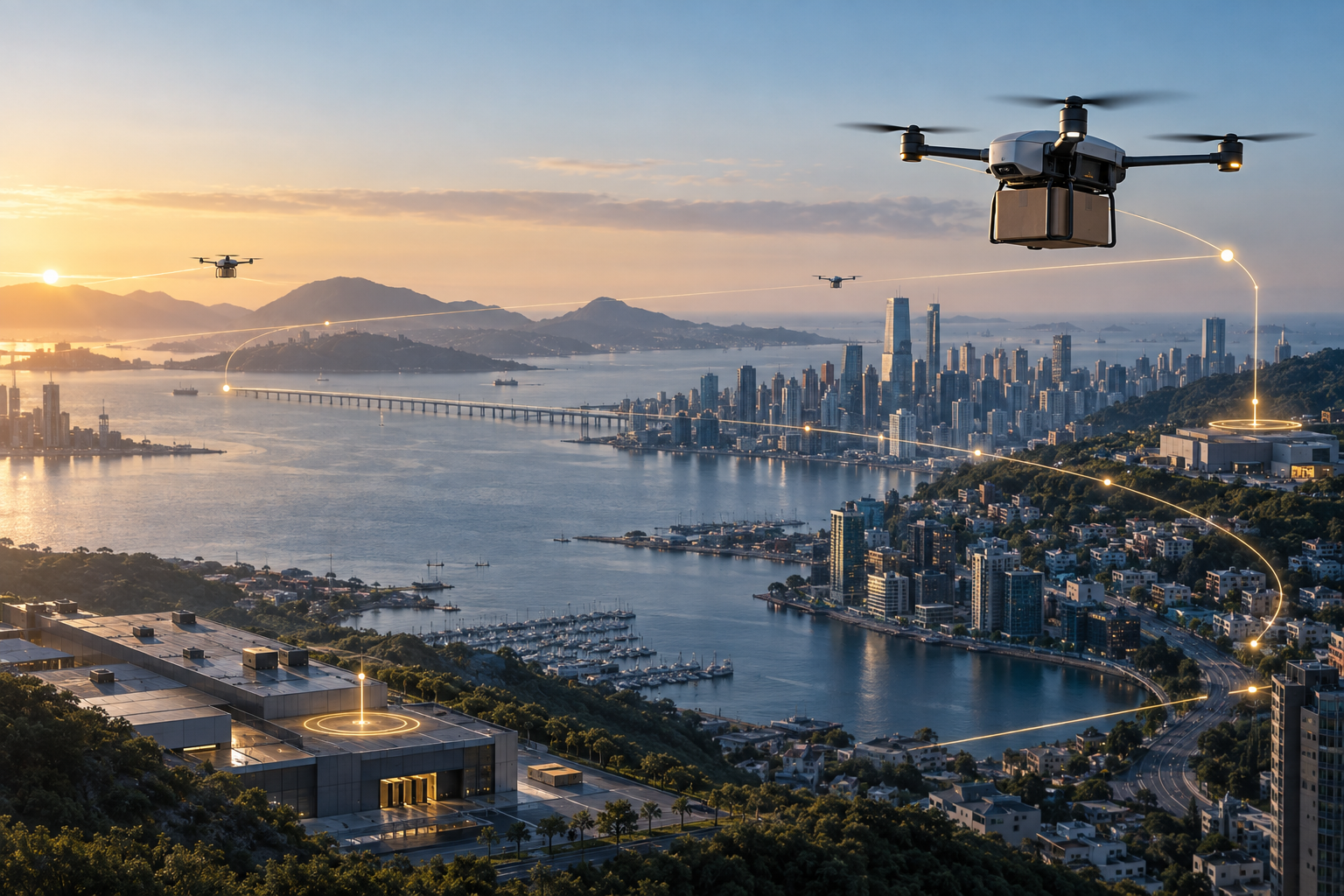 Een eersteklas stedelijk drone-bezorgnetwerk dat gecontroleerde luchtcorridors, operationele knooppunten en routedichtheidseconomie toont.