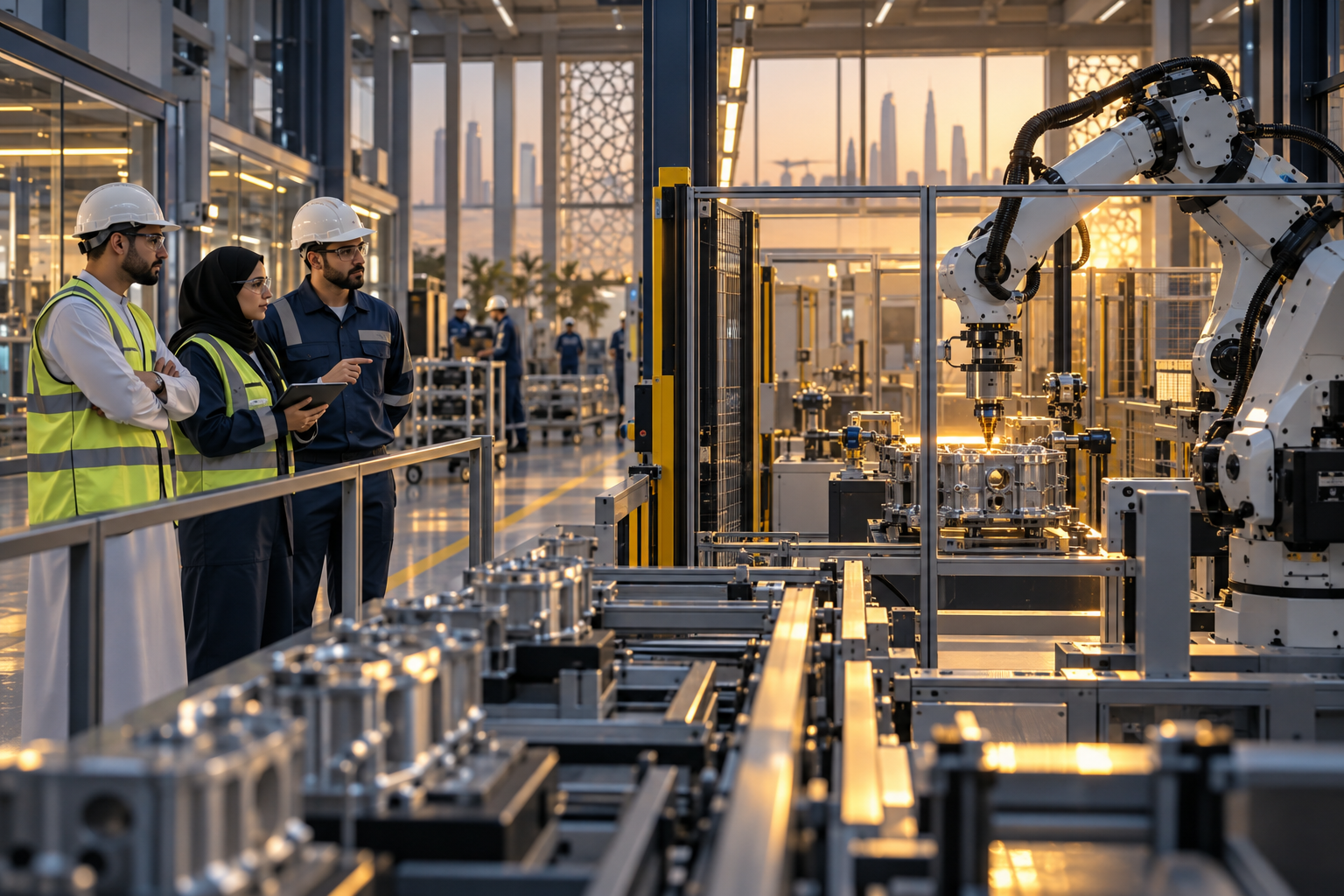 Una moderna instalación industrial GCC donde células de trabajo robóticas e ingenieros cualificados producen resultados de fabricación mensurables.