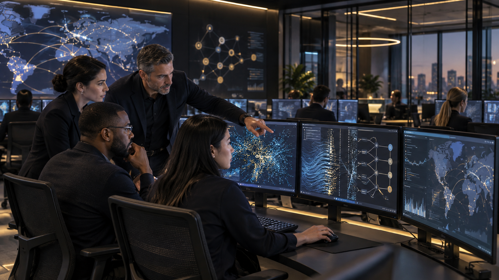Ein hochentwickeltes Sicherheitsbetriebszentrum, in dem Analysten von AI unterstützte Cyber-Erkennungen und koordinierte Beweise für Vorfälle bewerten.