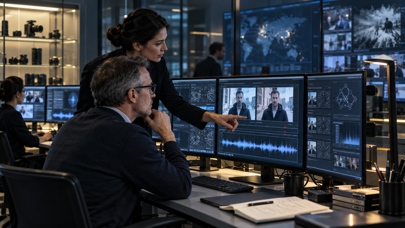 A forensic media team assessing authentic and manipulated digital evidence through a controlled verification workflow.