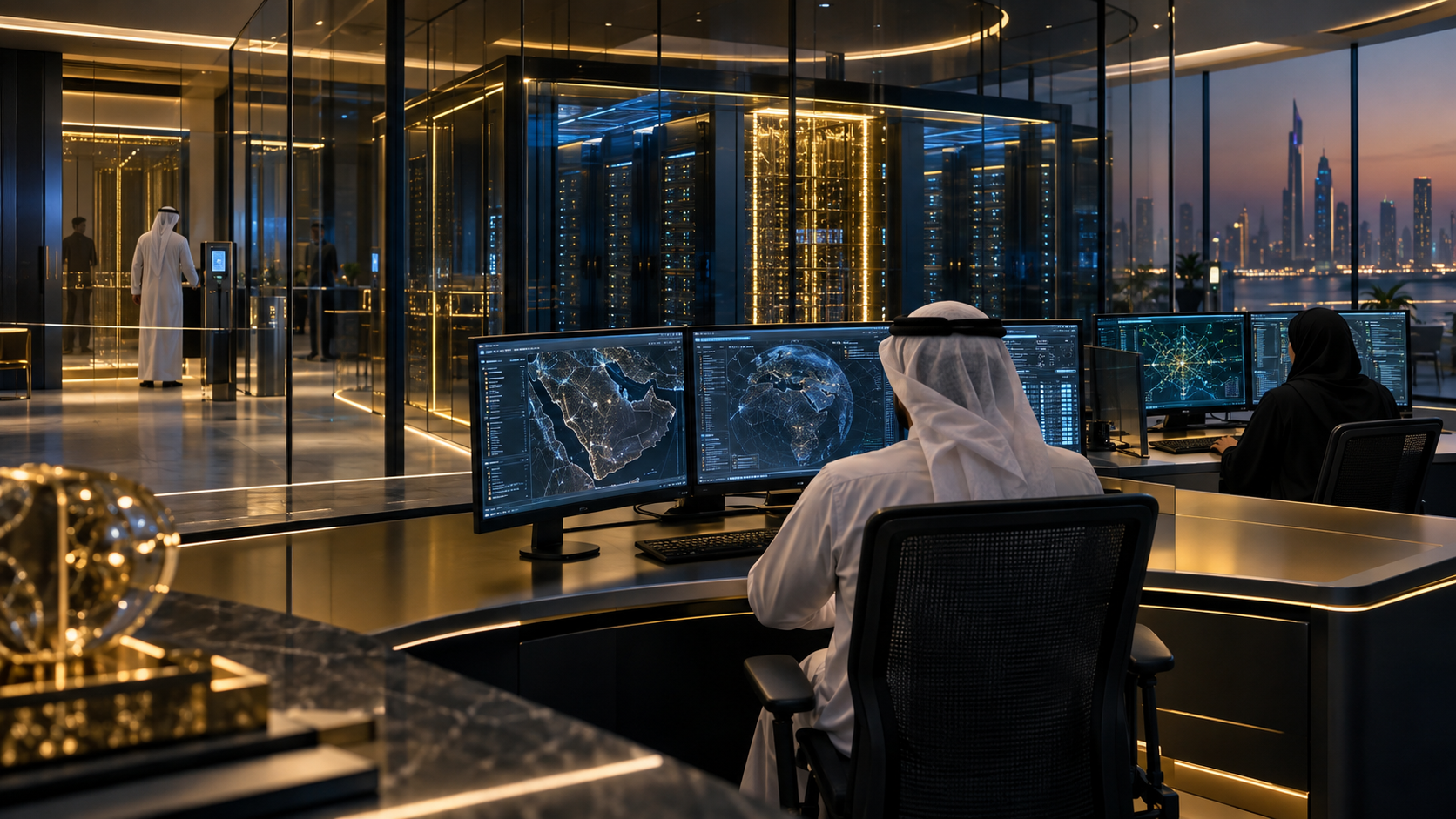 غرفة عمليات مركز بيانات خليجية آمنة تربط البنية التحتية المحمية AI والضوابط السيادية والوصول المنظم للعملاء.