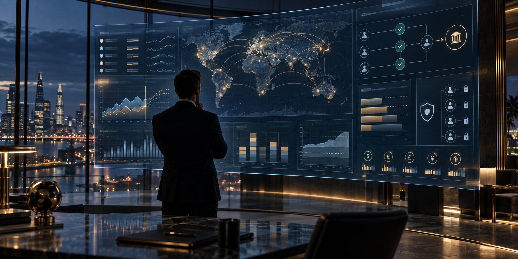 Una sofisticada sala de control de tesorería que analiza las posiciones globales de efectivo, las cosechas previstas, la autoridad de pago y las decisiones de liquidez.
