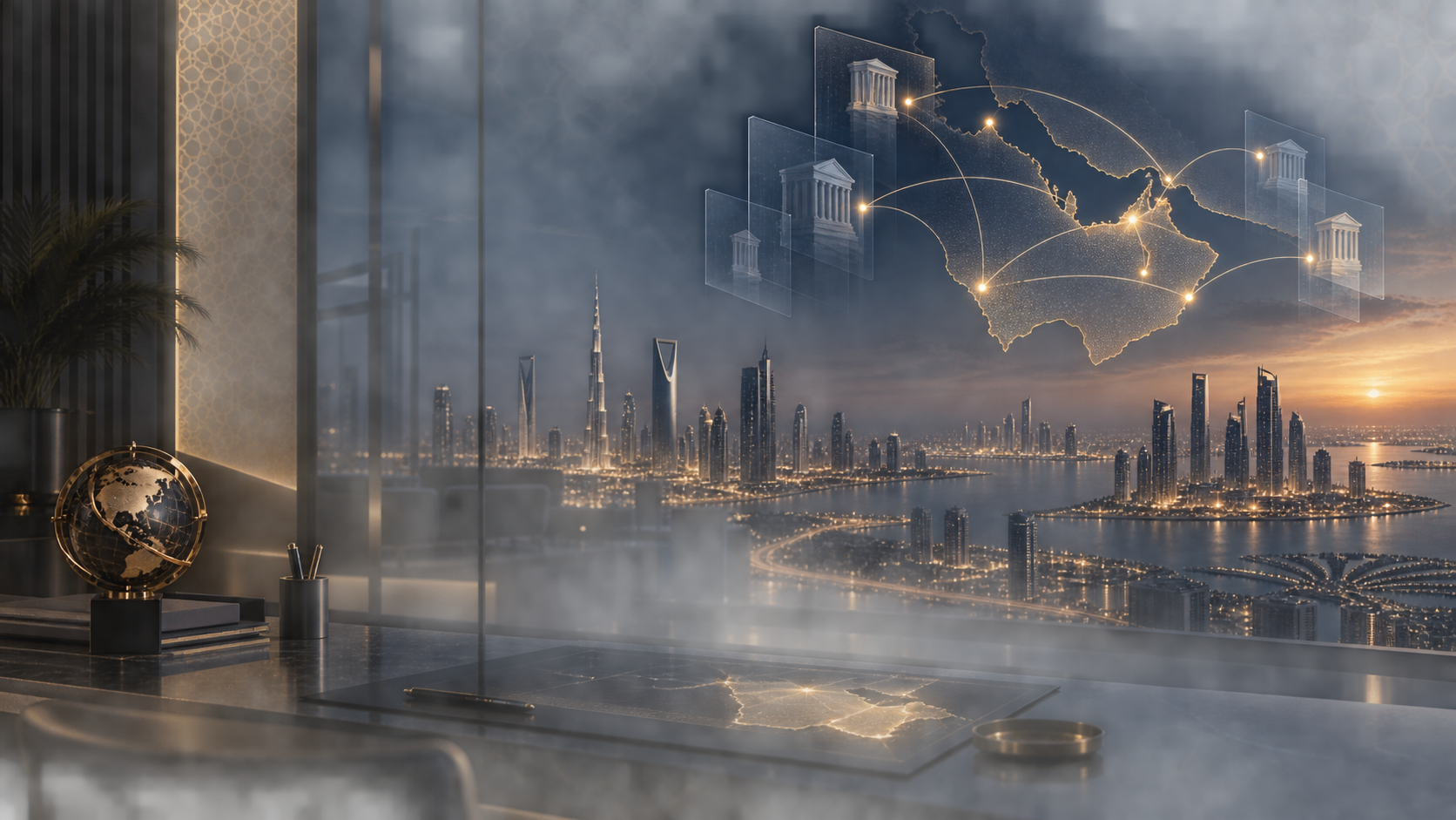 Ein hochentwickelter Fintech-Kontrollraum aus der Golfregion, der arabische Daten, regionale Finanznetzwerke, Modell-Governance und Akquisitionswert analysiert.