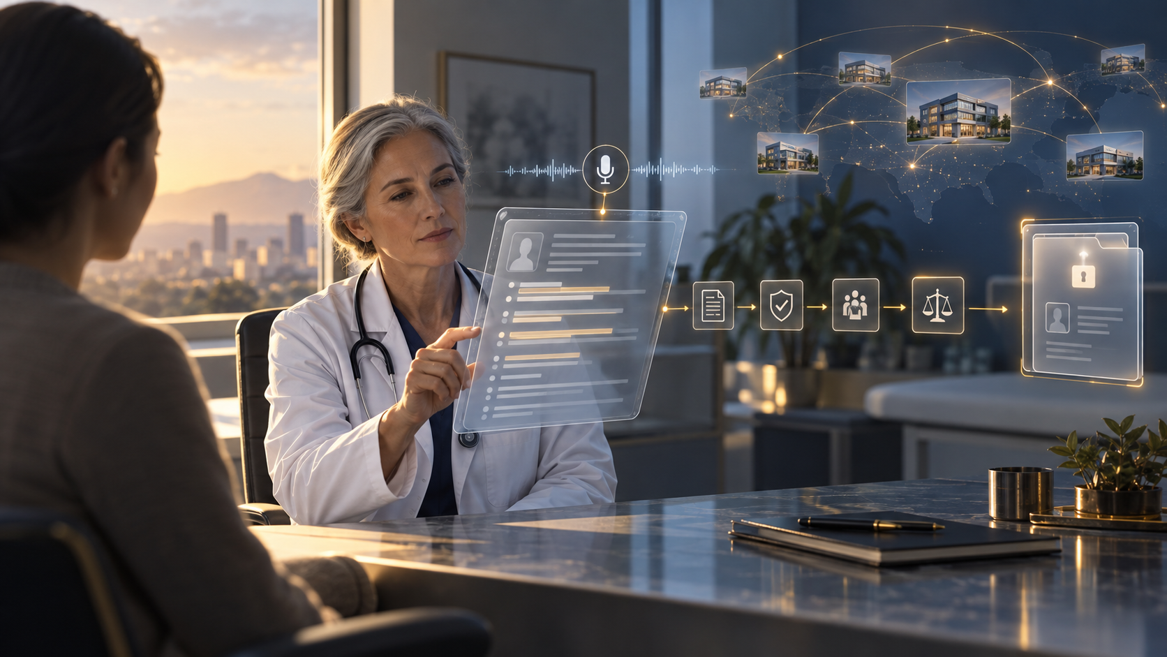 A clinician reviewing ambient documentation beside a governed clinical workflow and acquisition control architecture.