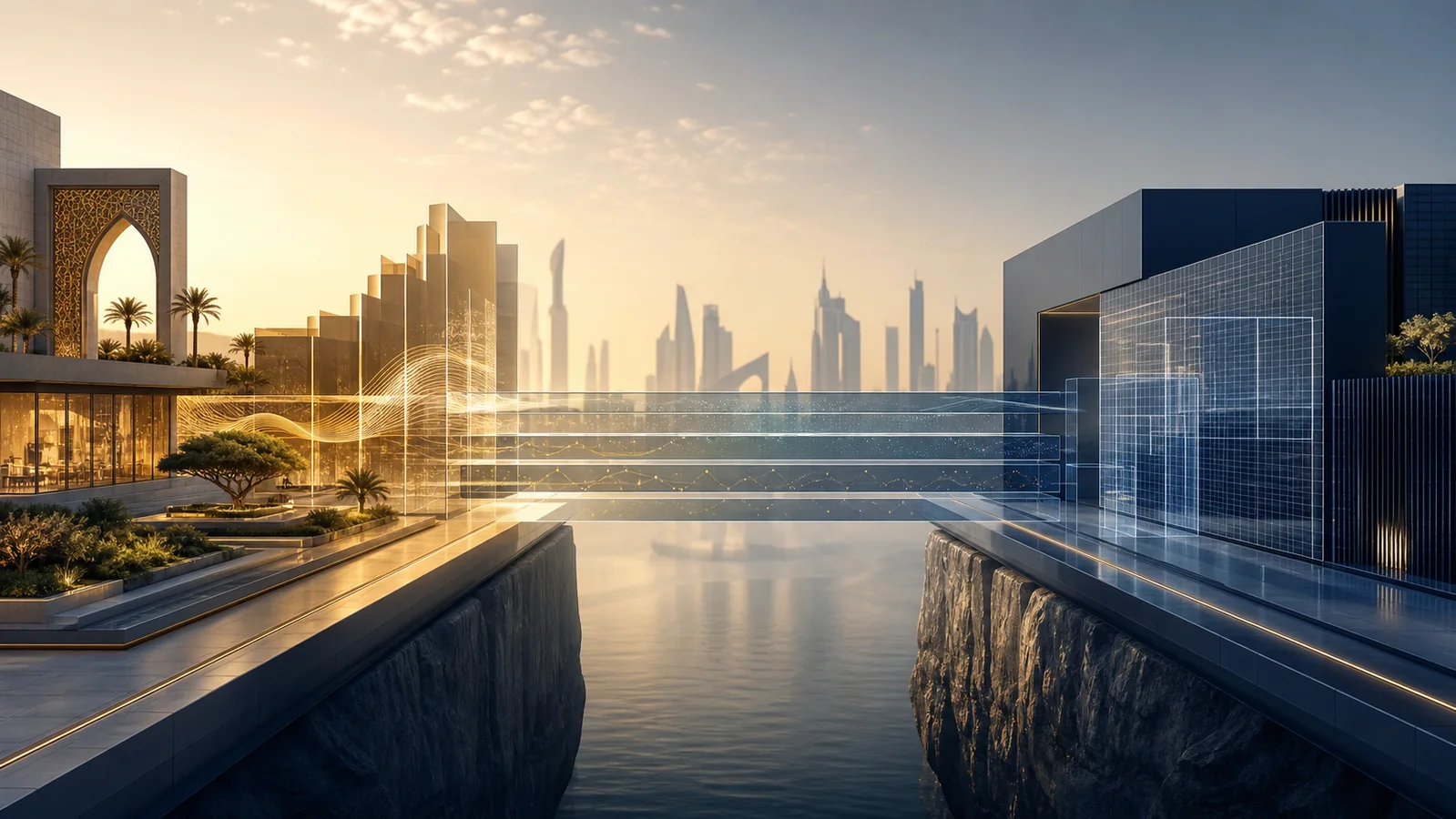 A precise transparent bridge connects a gold family-business value platform with a navy institutional evidence platform in a contemporary Gulf setting