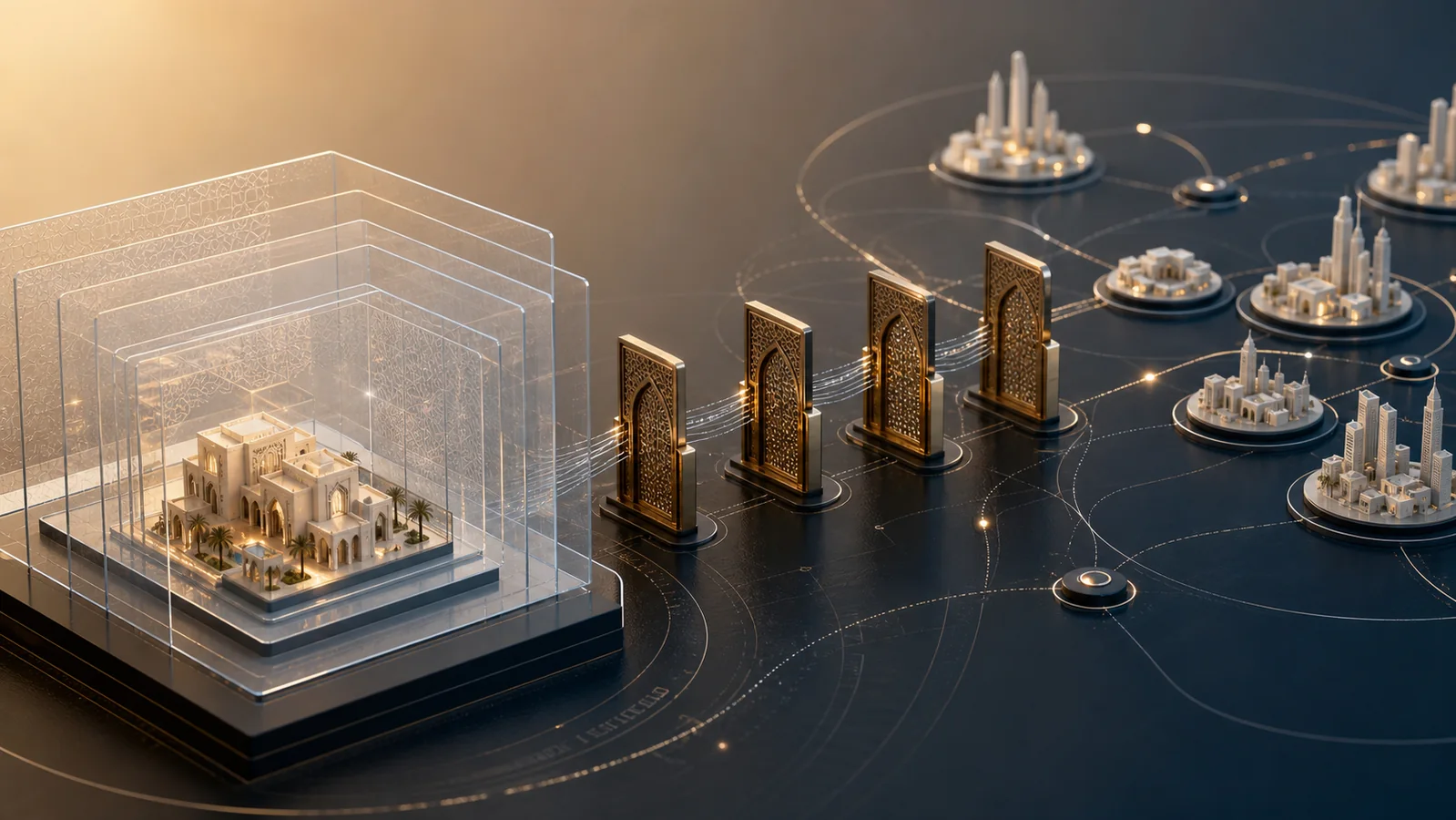 A Gulf company protected by nested transparent chambers passes through four controlled confidentiality gates toward a screened buyer network