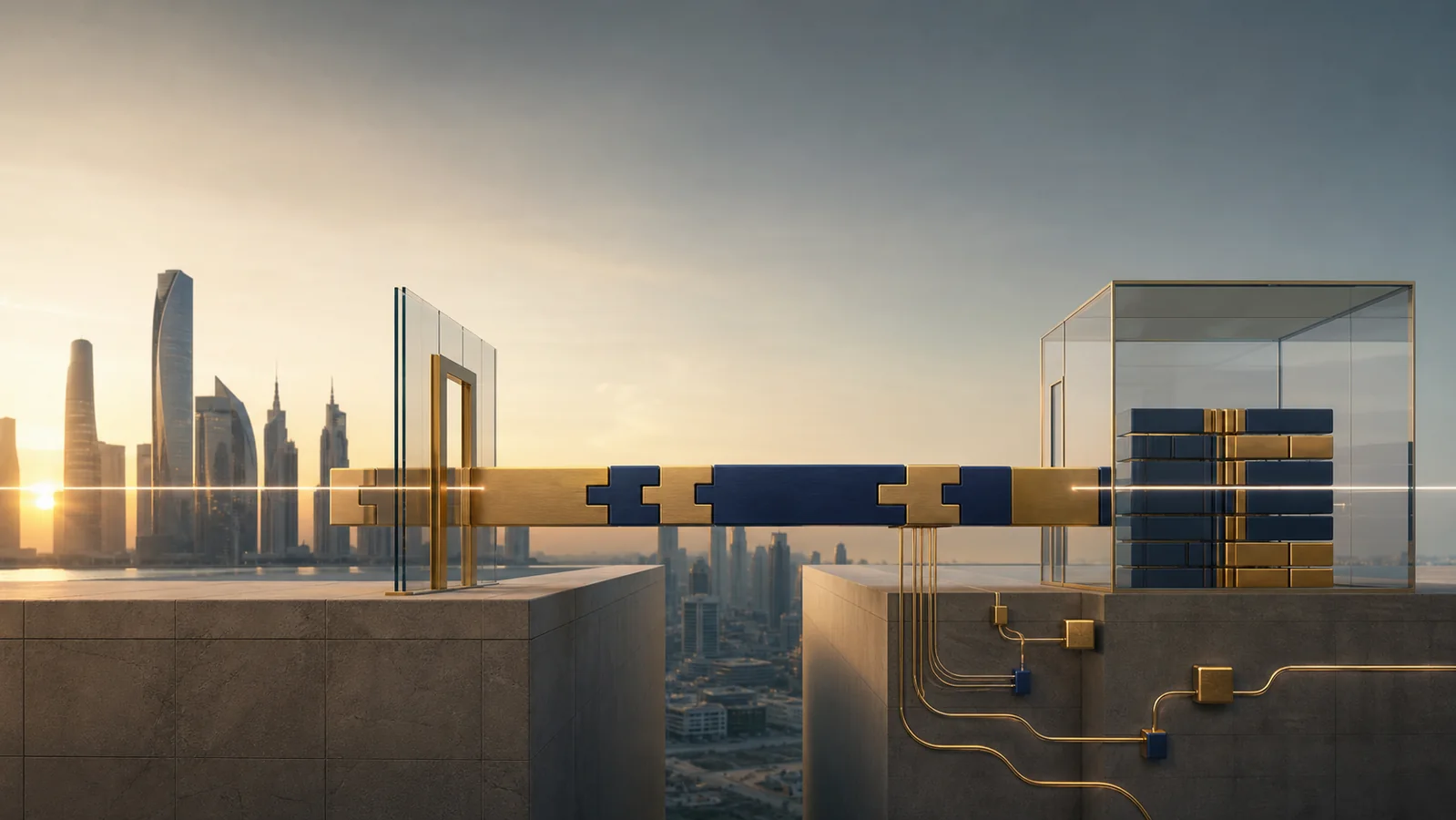 A precision-engineered Gulf transaction bridge passes through a regulatory gate into a transparent measurement chamber with an unbroken baseline