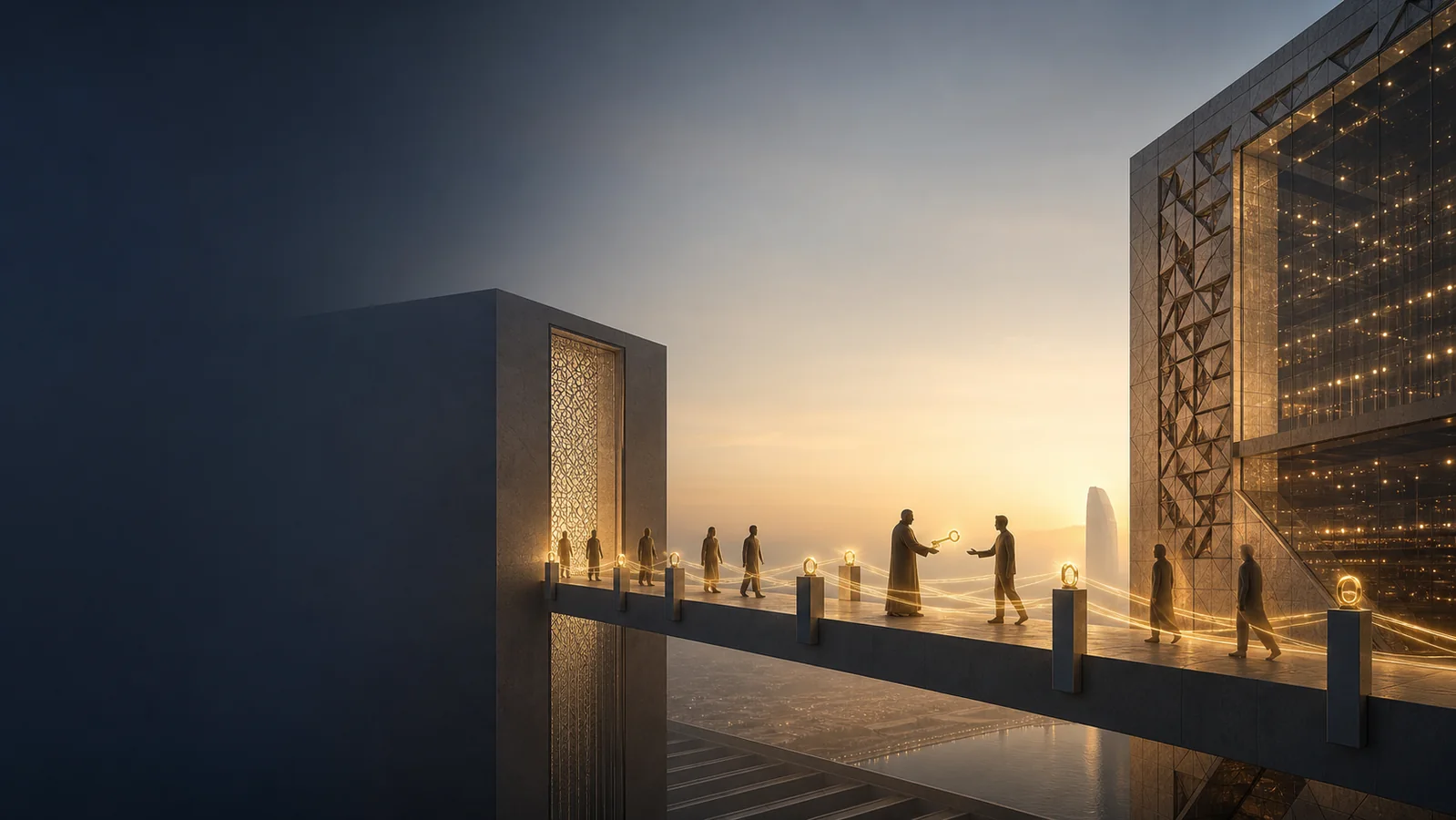 A founder transfers a key across a luminous bridge while a critical workforce moves between two institutional structures