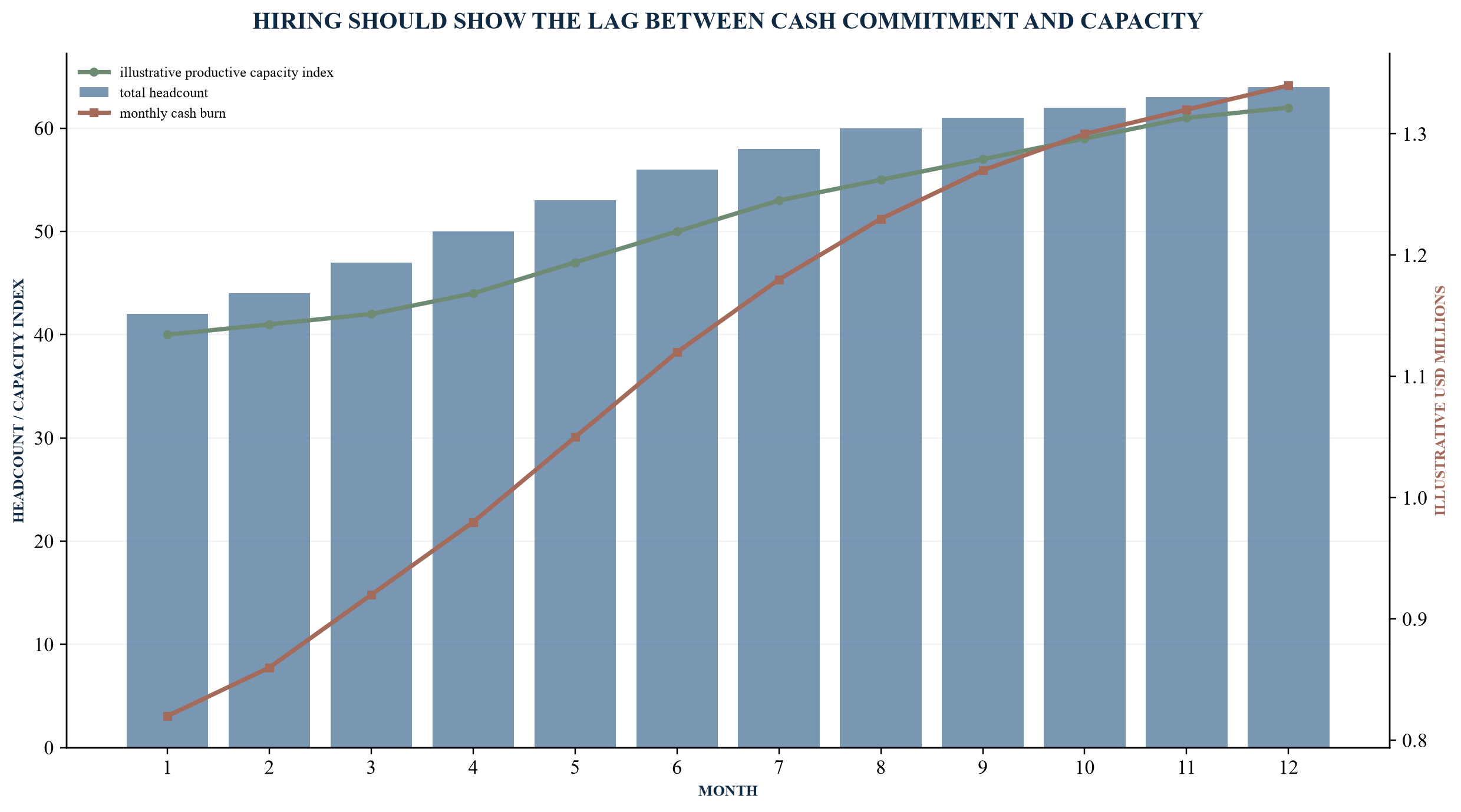 Figure 4. Illustrative hiring, burn and productivity schedule
