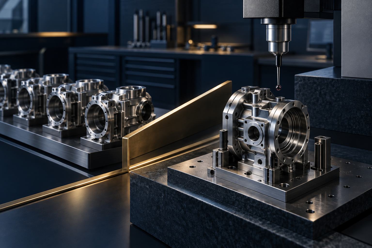Conceptual precision workshop with a machined industrial component beneath a measuring probe and matching parts waiting for inspection.