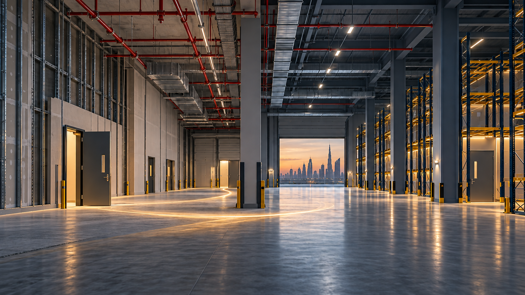 ينتقل مستودع الخدمات اللوجستية الإمارات من أعمال التعديل التحديثي للسلامة من الحرائق إلى خليج جاهز للإيجار أسفل أنظمة الرش وإدارة الدخان.