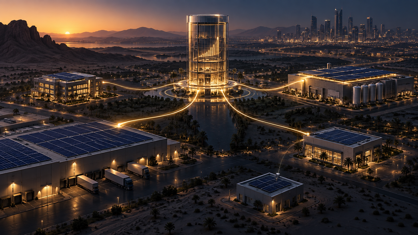 Saudische Gewerbe- und Industriedächer mit Solaranlagen sind über beleuchtete Cashflow-Pfade mit einem zentralen Kontrollturm für die Kreditvergabe verbunden.
