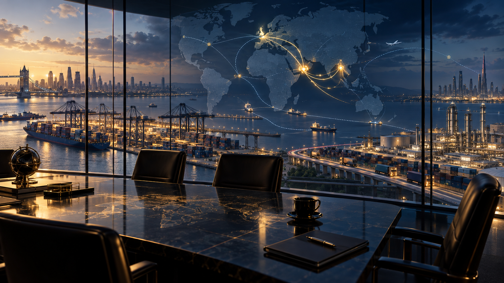 A boardroom overlooks ports, industrial facilities and an illuminated global logistics network linking the Gulf, India and the United Kingdom.