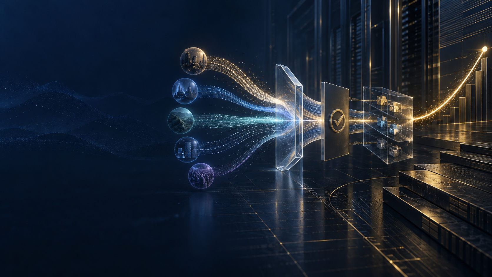 Luminous customer-usage streams pass through metering, contract and cost-allocation checkpoints into a contribution-margin curve.
