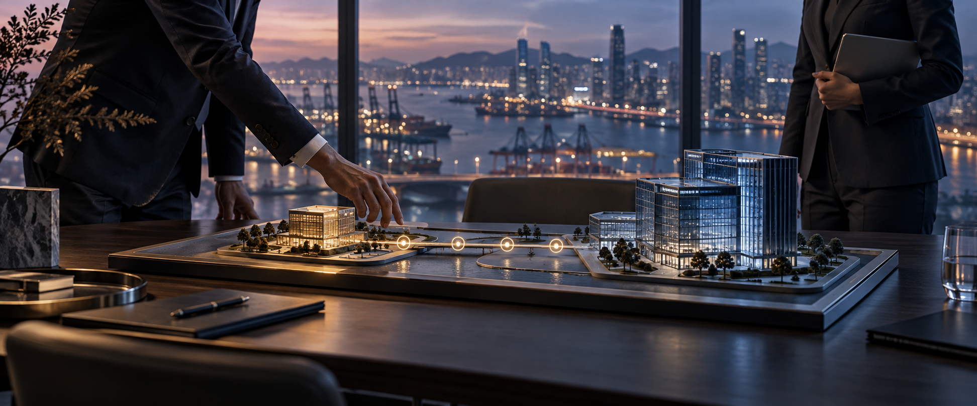 A boardroom scale model shows a smaller gold-lit investment connected through measured milestones to a larger blue enterprise, representing staged ownership and optional control.