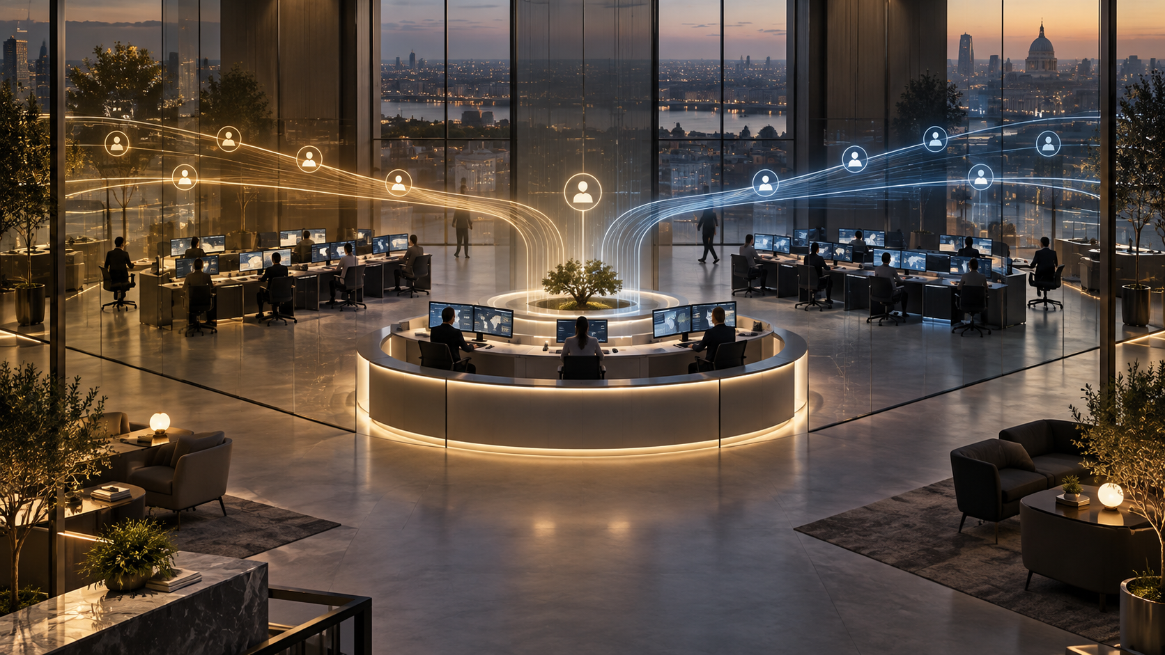 Two customer-service networks, lit in muted gold and blue, converge through a calm central continuity office while customer connections remain visibly uninterrupted.