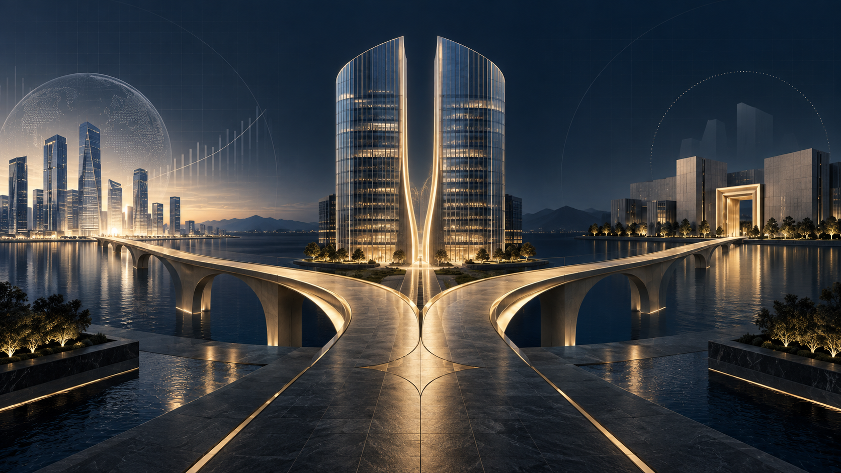 An integrated corporate complex separates into two independently viable towers while two equally credible capital routes lead toward public markets or a strategic buyer.