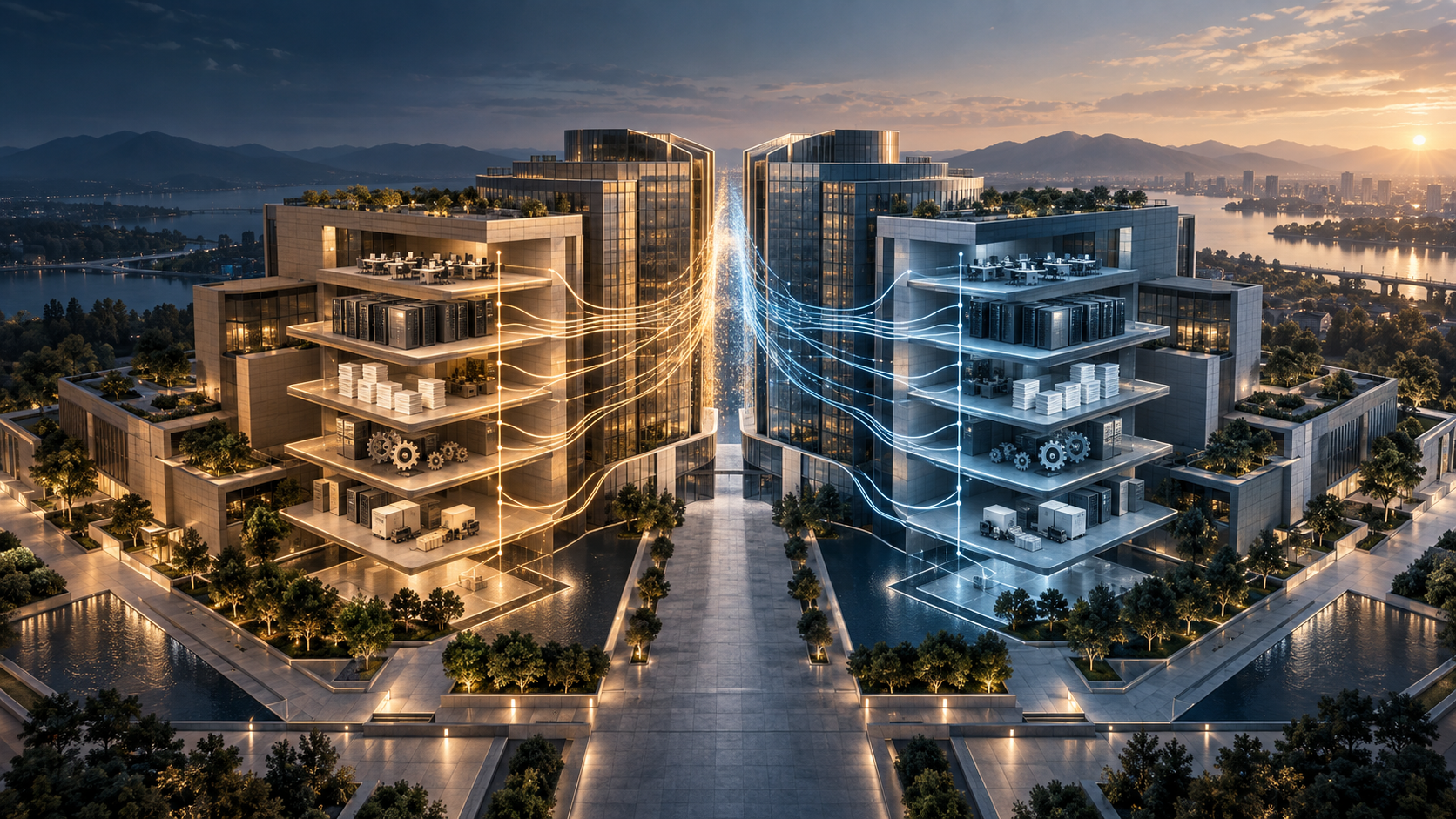 An integrated corporate campus separates into two independent operating systems while people, technology, contracts, controls and shared services are traced through a disciplined financial architecture.