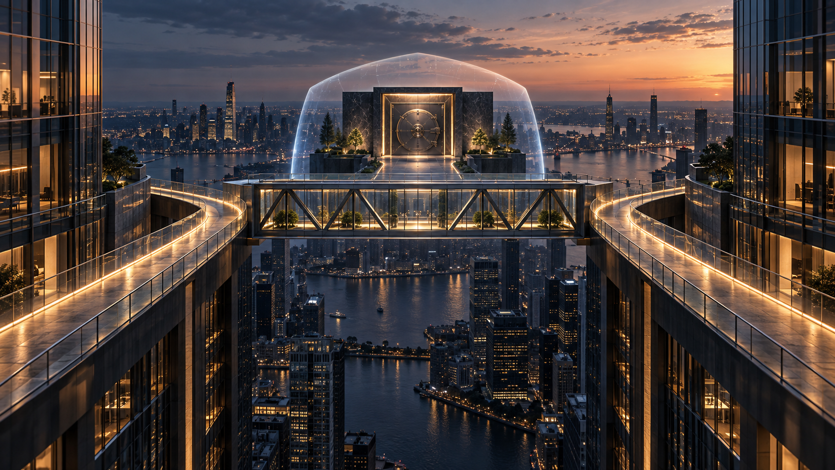 Two illuminated bid pathways converge on a protected transaction bridge and secured deal vault at dusk.