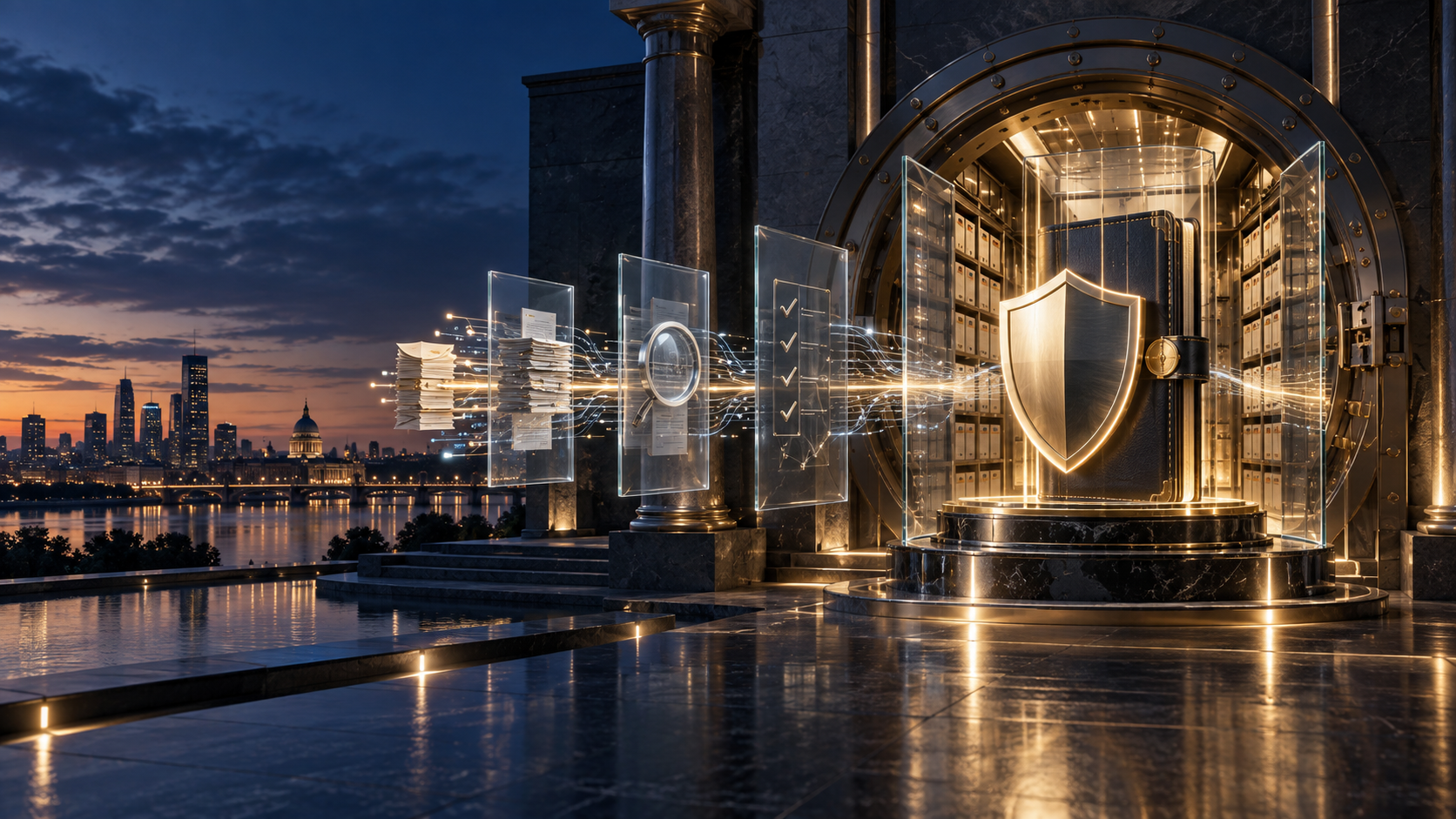Structured evidence pathways pass through transparent verification layers into a protected underwriting vault at dusk.