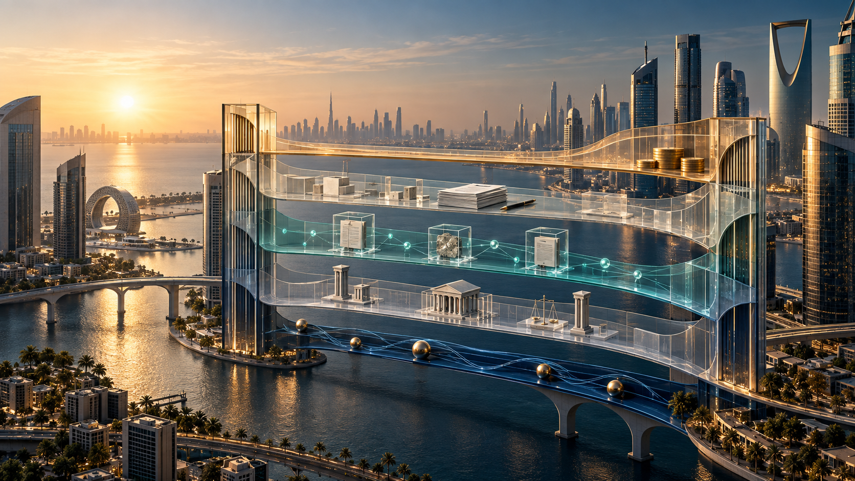 Five translucent bridges connect licensed access, deal structure, evidence, jurisdiction and claims operation across Gulf financial centres.