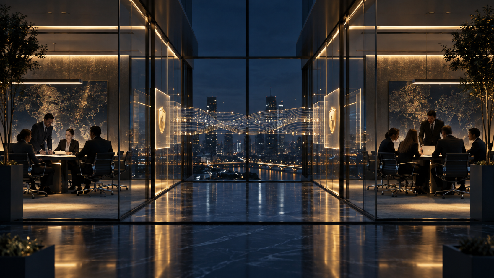 Two separate transaction teams work across a secure, controlled information bridge inside a glass-walled data room.