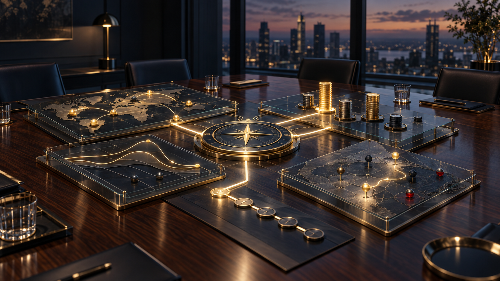 A premium dark navy boardroom presents a connected evidence architecture of portfolio maps, capital stacks, cash curves, risk markers and a central decision compass.