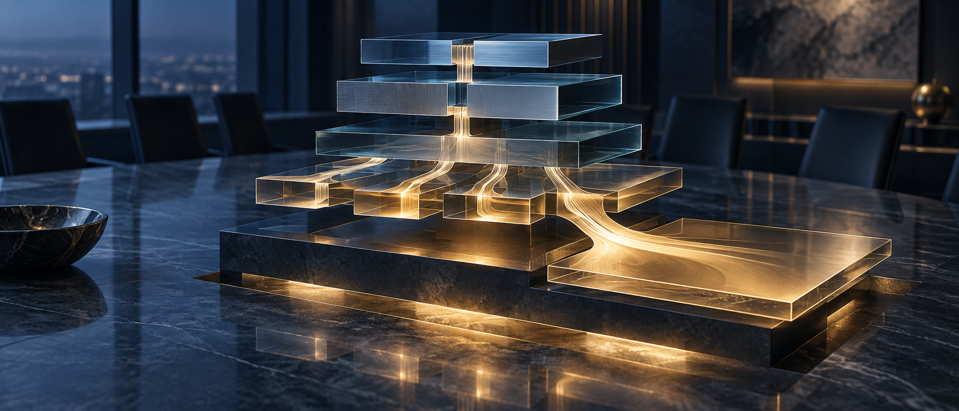A premium dark navy boardroom presents layered glass and metal capital claims connected by controlled gold value flows through priority, conversion and residual participation paths.