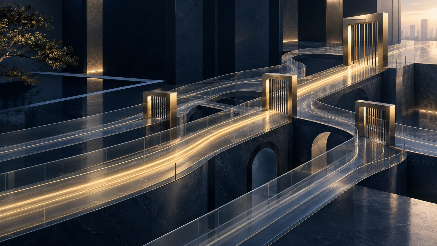 A premium dark navy architectural system presents transparent operating pathways, selective guarded gates and controlled gold flows for material decisions.