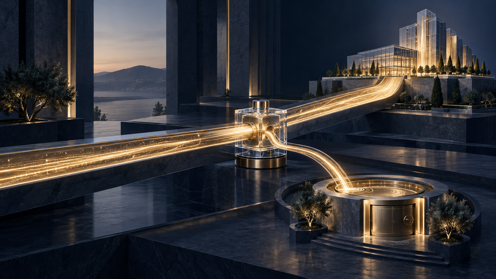A premium deep navy capital junction divides one controlled gold funding stream into enterprise growth and selective shareholder liquidity.