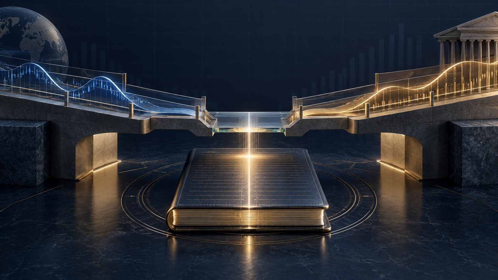 Zwei präzise ausbalancierte Marktrisikopfade laufen über eine transparente Kontrollbrücke in einem Finanzbuch zusammen und stellen eine Abstimmung zwischen Akquisitionsökonomie und buchhalterischer Darstellung dar.