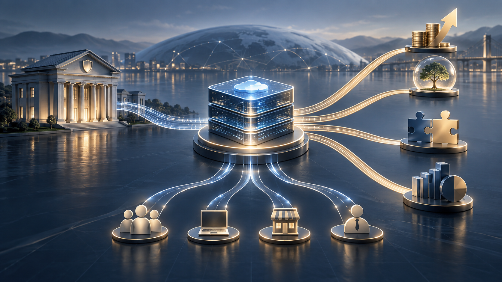 Eine versicherereigene Technologieplattform verbindet regulierte Versicherungsdienstleistungen und Kundenvertrieb über vier strategische Eigentumspfade.