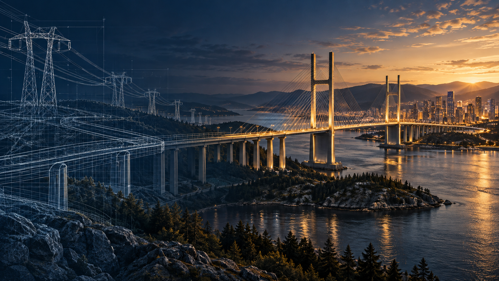 Eine fertiggestellte Infrastrukturbrücke und ein Stromnetz wandeln sich vom technischen Entwurf zum Betriebsvermögen und stellen den Übergang von Baubankschulden zu langfristigen Projektanleihen dar.